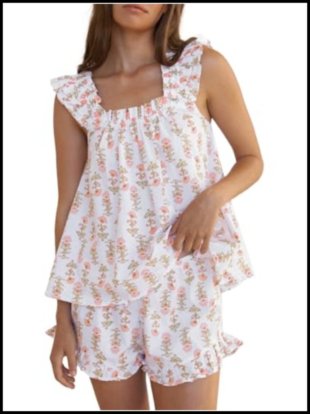 Womens Floral Print Pajama Set Ruffle Trim Cami Shorts 2 Piece Lounge PJ